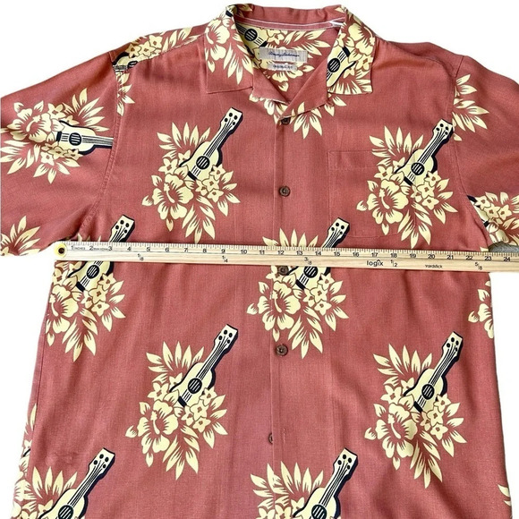 Tommy Bahama | Hawaiian Camp Shirt with Ukulele and Floral Print, Size Large - Picture 3 of 5